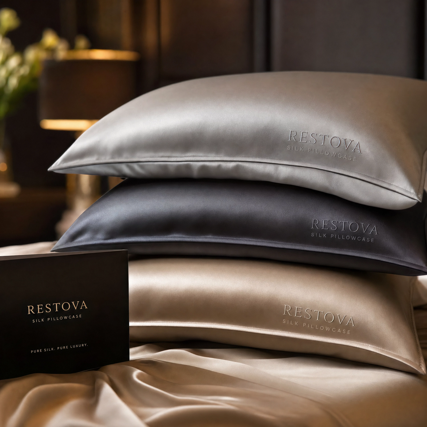 Restova Mulberry Silk Pillowcase Set – Cooling Satin Silk Pillow Covers for Hair & Skin (2 Pack)