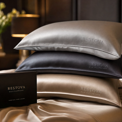 Restova Mulberry Silk Pillowcase Set – Cooling Satin Silk Pillow Covers for Hair & Skin (2 Pack)